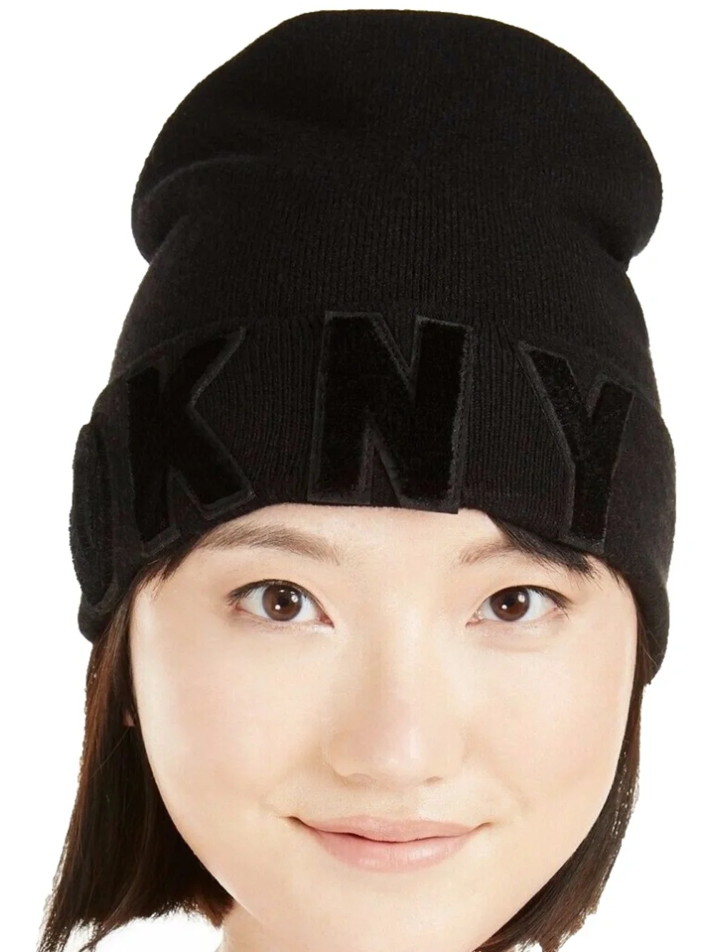 COPY -(NWT) DKNY Women's Velvet Flocked LOGO Flat Knit Skull Beanie Cap OSFM